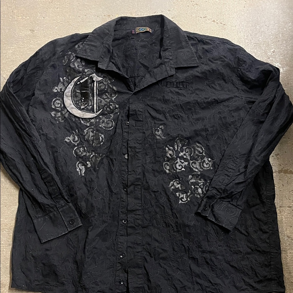 COOGI Black Embroidered Long-Sleeve Button Shirt 5XL